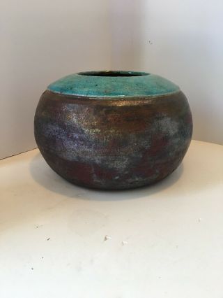 Vintage Iridescent Raku Vase Pot Copper Turquoise Signed By The Artist Dated 