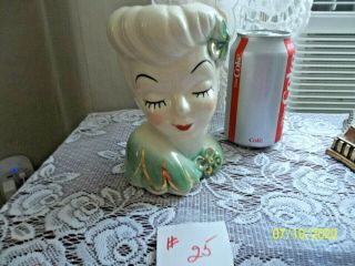 Vintage 6 1/4  Glamour Girl Lady Head Vase Usa Trimmed In Gold Accent