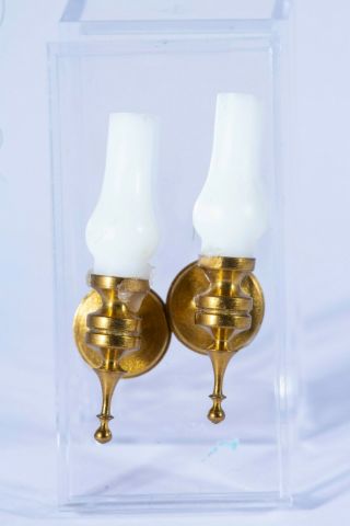 Dollhouse Miniatures Matching Brass Sconces w/ Hurricane Shade Lights 2