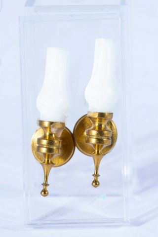 Dollhouse Miniatures Matching Brass Sconces w/ Hurricane Shade Lights 3