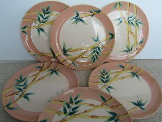 Vintage Set Of 6 Weil Ware Large Dinner Plates Bamboo Design
