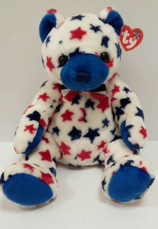 Beanie Buddies Ty 13 " Teddy Bear Plush Beanbag Red White Blue Stars July 4