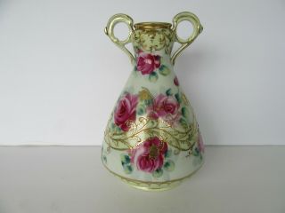 Antique Hand Painted Nippon Two Handled Pink Rose & Gilt Vase