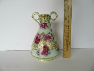 Antique Hand Painted Nippon Two Handled Pink Rose & Gilt Vase 2