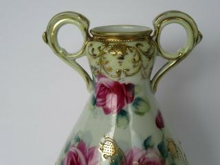 Antique Hand Painted Nippon Two Handled Pink Rose & Gilt Vase 3