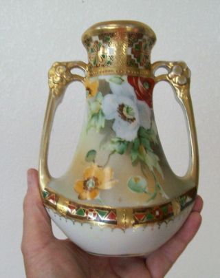 Vtg Nippon Hand Painted Double Handled Porcelain Vase W/ Gold Gilding & Flowers