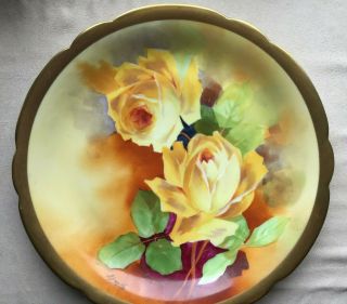 Artist Signed “a Bronssillon”; Rococo Limoges Charger 12 " ; Yellow Roses,  Coronet