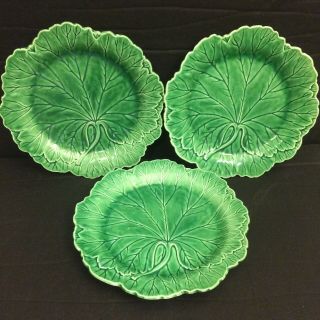 3 Vintage 1930 Wedgwood Green Majolica Cabbage Leaf Plates 8 " Impressed Number