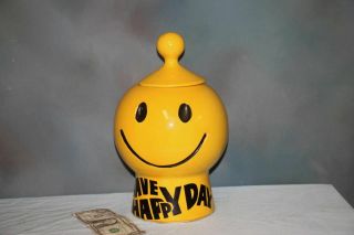 Vtg Usa Mccoy Pottery Yellow Have A Happy Day Smiley Face Cookie Jar 1970 
