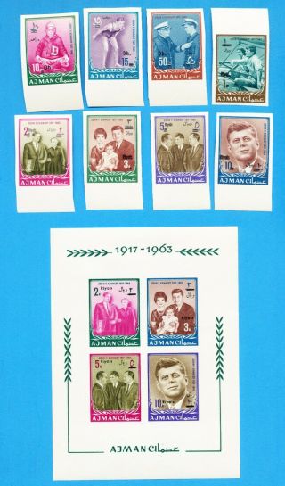 AJMAN - Minkus 105 - 112 & Block 9B imperf VFMNH - Kennedy - currency - 1967 2