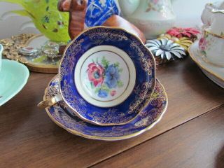 Golden Lace Anemones Tea Cup Saucer Set Cobalt Blue Bone China England Floral