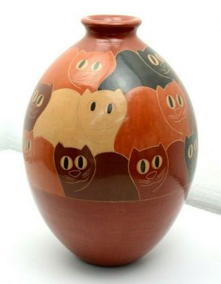 11 " Nicaragua Cat Pottery Vase By Victor Barrios Handmade South American Vessel