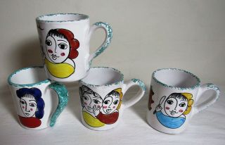 4 Desuir Hand Painted Italian Pottery Coffee Mugs