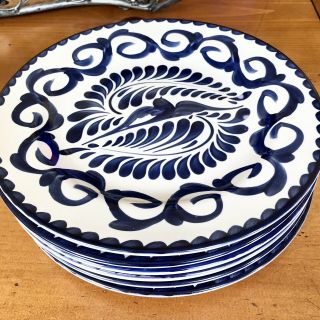 Pottery Barn Anfora Handcrafted Mexico Pueblo Blue Dinner Plates Set 6,  10.  5”
