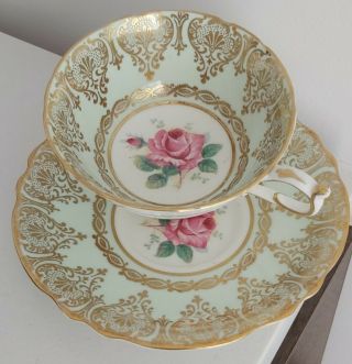 Paragon Pink Cabbage Rose Cup And Saucer Green Lush Gold Double Warrant.