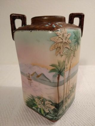 Antique Nippon Hand Painted Moriage Scenic 2 Handled Vase Maple Leaf Mark