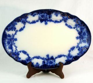 Antique Flow Blue 12 " Oval Platter With Gold Trim Garlands Floral