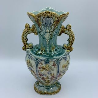 Antique European Majolica Pottery Double Handled Floral Vase
