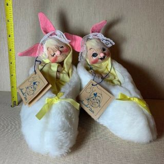 2 Vintage 1992 Annalee Bunny Pink Ears Fuzzy Slipper Dolls 0925 90s Easter