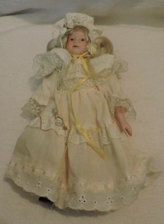 Vintage Blonde Porcelain Doll With Dress And Bonnet