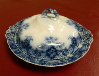 C.  1900 Antique Flow Blue Semi - Porcelain Covered Round Condiment Serving Dish