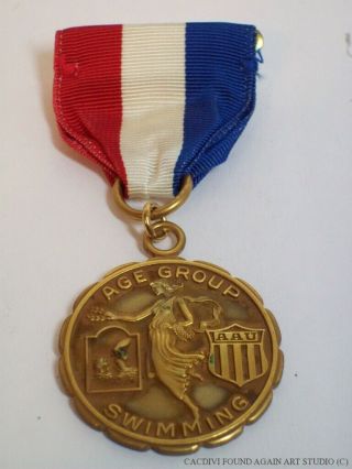Vintage Amateur Athletic Union Medal & Ribbon AAU 1962 Swimming Style 2
