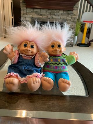 Russ Vintage Troll Kidz 12” Denim Dress Plush Doll 90s Pink Hair Sweater