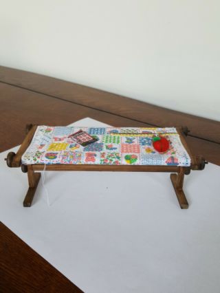 Miniature Dollhouse Wood Quilting Table,  Ruler,  Needle And Thread
