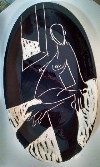 Large 15 Inch Sgraffito Ceramic Serving Dish Abstract Figure Studio Ej Gold