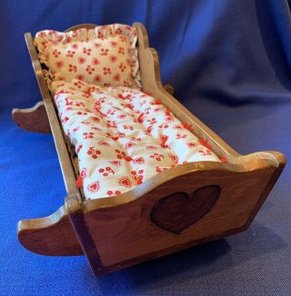 Wood 12” Rocking Doll Cradle/bed With Reversible Red/blue Cotton Bedding