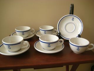 Set 5 Homer Laughlin Us Navy Fouled Anchor Cups & Saucers Round Handle