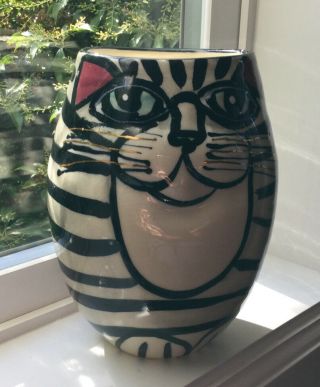 Cindy Cynthia Jenkins Studio Pottery Ceramic Vase Cats Signed 7 1/4 " Tall