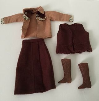 Vintage Barbie Clone Doll Western Shirt Fringed Vest Skirt Boots Clothes Outfit 3