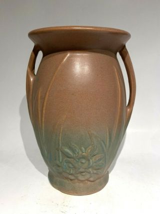 Early Nelson Mccoy Pottery Matte Brown/green Double Handle 8 " Vase