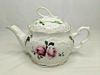 Vintage Crown Dorset Ceramic Teapot Staffordshire England Pink Green Floral
