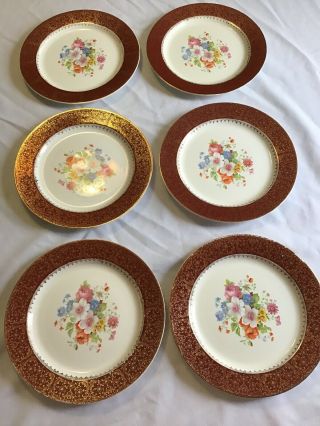 6 Royal Stetson Deluce China Red Dinner Plates 22 Kt Gold