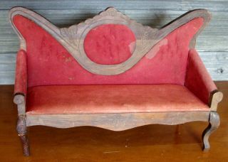 Antique Hand Carved Wood & Oil Cloth Miniature Victorian Sofa Settee - 16 " X10 " X6 "
