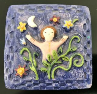 Pewabic Artist Marcia Hovland Pottery Tile Girl In Flowers 3.  25”