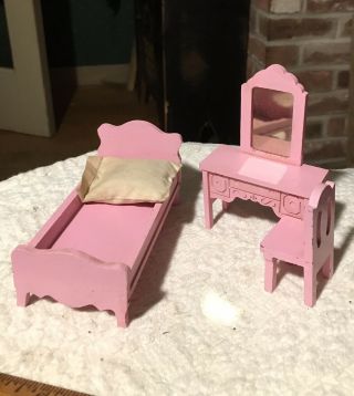 Vintage Wooden Doll House Furniture Set Bedroom Vanity Chair Dollhouse Toy