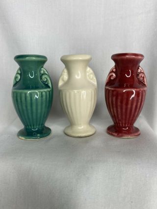 3 Shawnee Usa Pottery Burgandy White Green Mini Miniature Vase Figurines