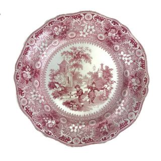 Antique 19th C Staffordshire Red Transferware Plate Chinese Pastime Children 9 "