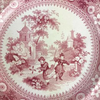 Antique 19th C Staffordshire Red Transferware Plate Chinese Pastime Children 9 