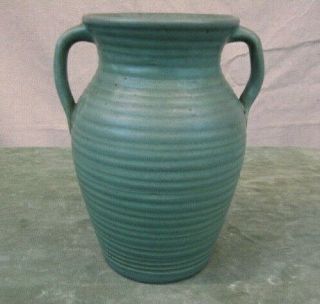 Antique Zanesville Stoneware Co.  Ringed Green 2 Handle Vase 523 Arts & Crafts