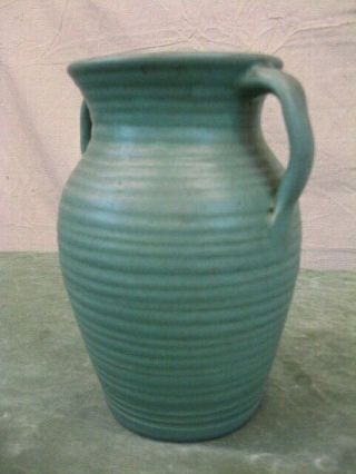 Antique Zanesville Stoneware Co.  Ringed Green 2 Handle Vase 523 Arts & Crafts 2