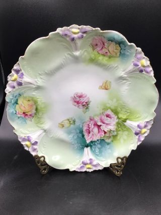 Antique Unmarked Rs Prussia Porcelain Floral Decorated Berry Bowl 11 1/2 " Wide