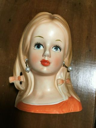 Vintage Lady Head Vase Teen Girl W/long Blonde Hair & Orange Top Marked A - 639