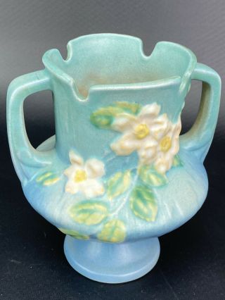 1940 Roseville Pottery White Rose Flower Blue Pedestal Trophy Vase Deco 146 - 6 "