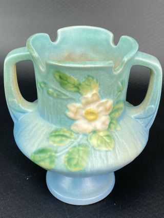 1940 Roseville Pottery WHITE ROSE Flower BLUE Pedestal Trophy Vase Deco 146 - 6 