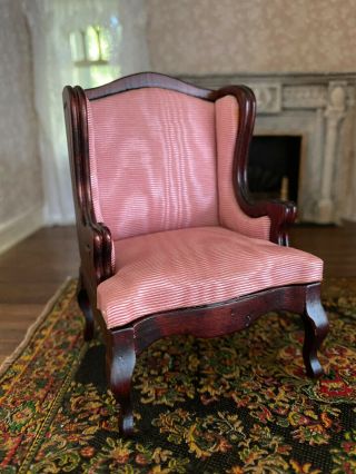 Vintage Miniature Dollhouse Wingback Pink Silk Cherry Wood Upholstered Arm Chair