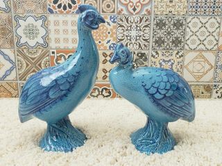 Vintage Italy Pottery Rooster And Hen Chicken Figurine Ceramic Glazed Blue,  Set